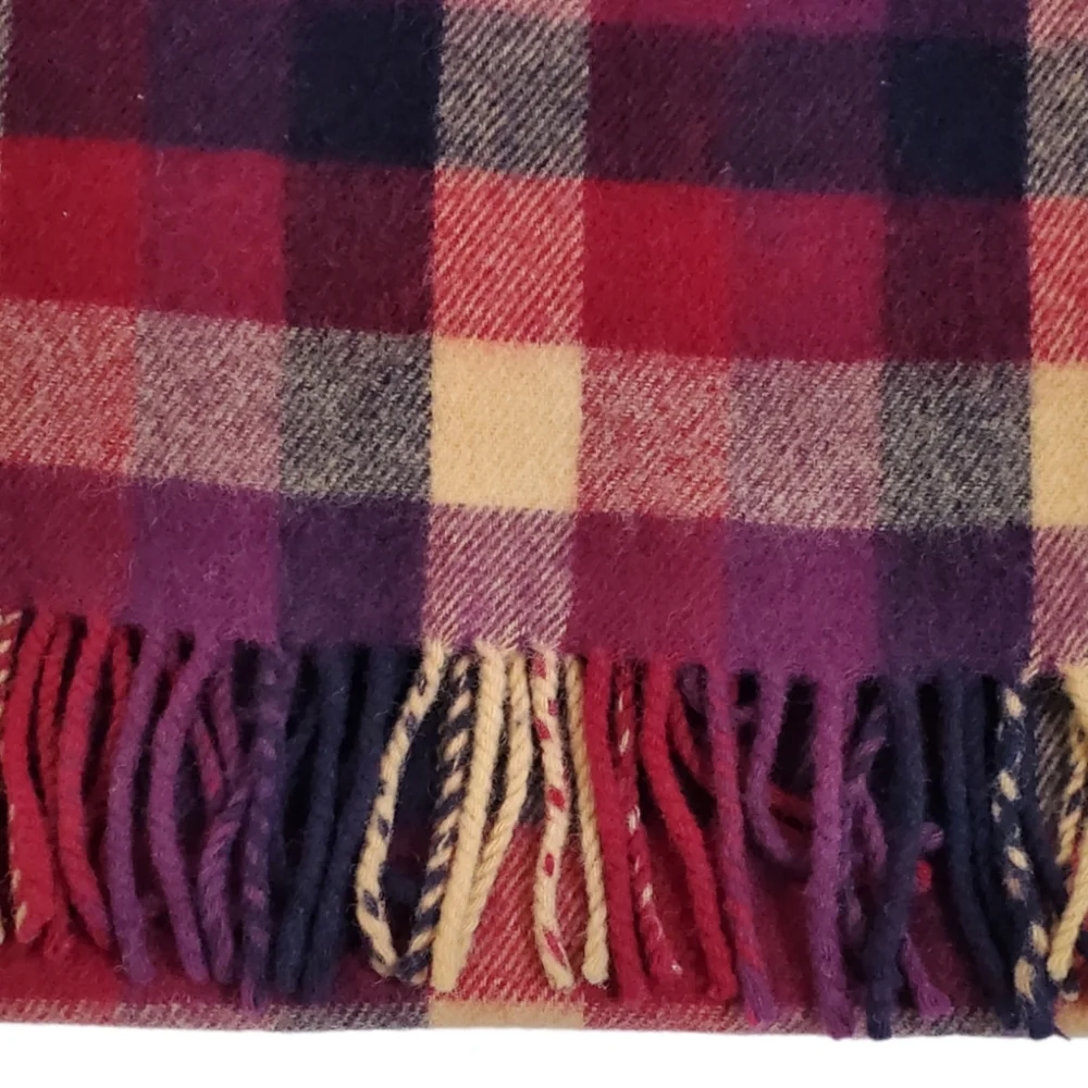 Maban of Scotland Plaid Fringe Scarf Pure New Lambswool Burgundy Black Tan